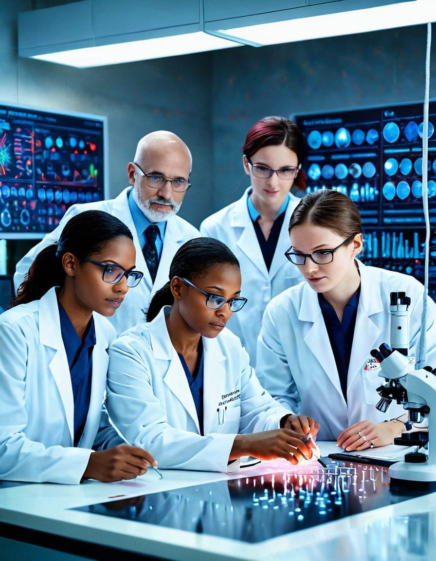 A dynamic laboratory scene showcasing a diverse team of scientists passionately working on cutting-edge cancer research. Include vibrant lab equipment, charts illustrating breakthrough findings, and a glowing representation of cancer cells being targeted by innovative therapies. Emphasize collaboration and hope with uplifting colors. super-realistic. vibrant colors. white background.