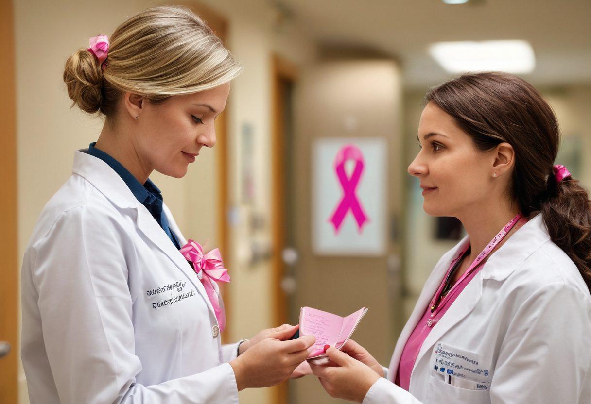 A compassionate healthcare professional guiding a cancer patient through a serene hospital setting, showcasing awareness symbols like pink ribbons and research books stacked in the background. The image embodies a supportive atmosphere with gentle lighting, diverse individuals exchanging stories of hope and resilience. Include a subtle depiction of a research lab to emphasize the importance of knowledge, blending warmth and professionalism. super-realistic. warm tones. bright and inviting.