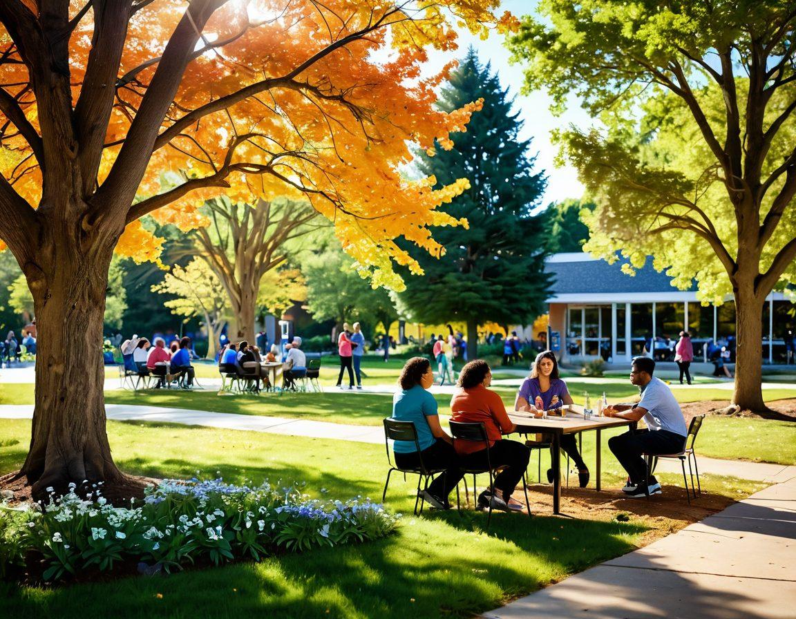 A warm, inviting scene of diverse individuals in a park, engaging in various activities like discussions, sharing resources, and offering support, surrounded by trees and flowers. In the background, a community resource center building can be seen, symbolizing collaboration and connection. Gentle sunlight filters through the leaves, creating a hopeful atmosphere. super-realistic. vibrant colors. soft focus.